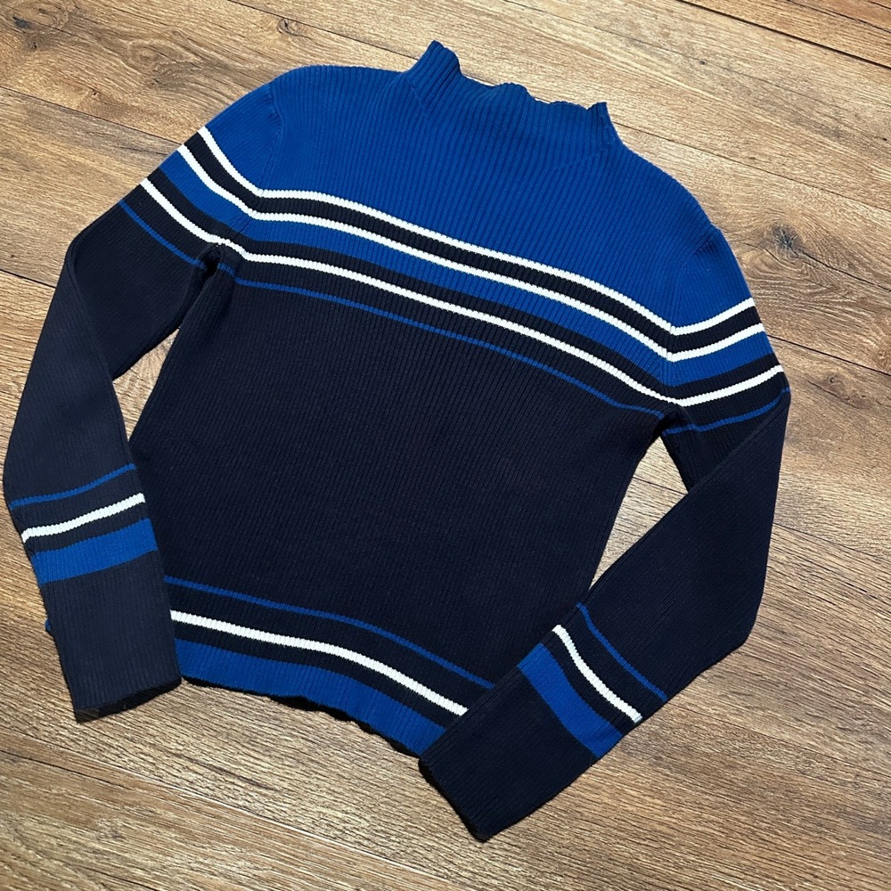 Vintage The Limited Blue Striped Ribbed Mock Neck Sweater Women Size M